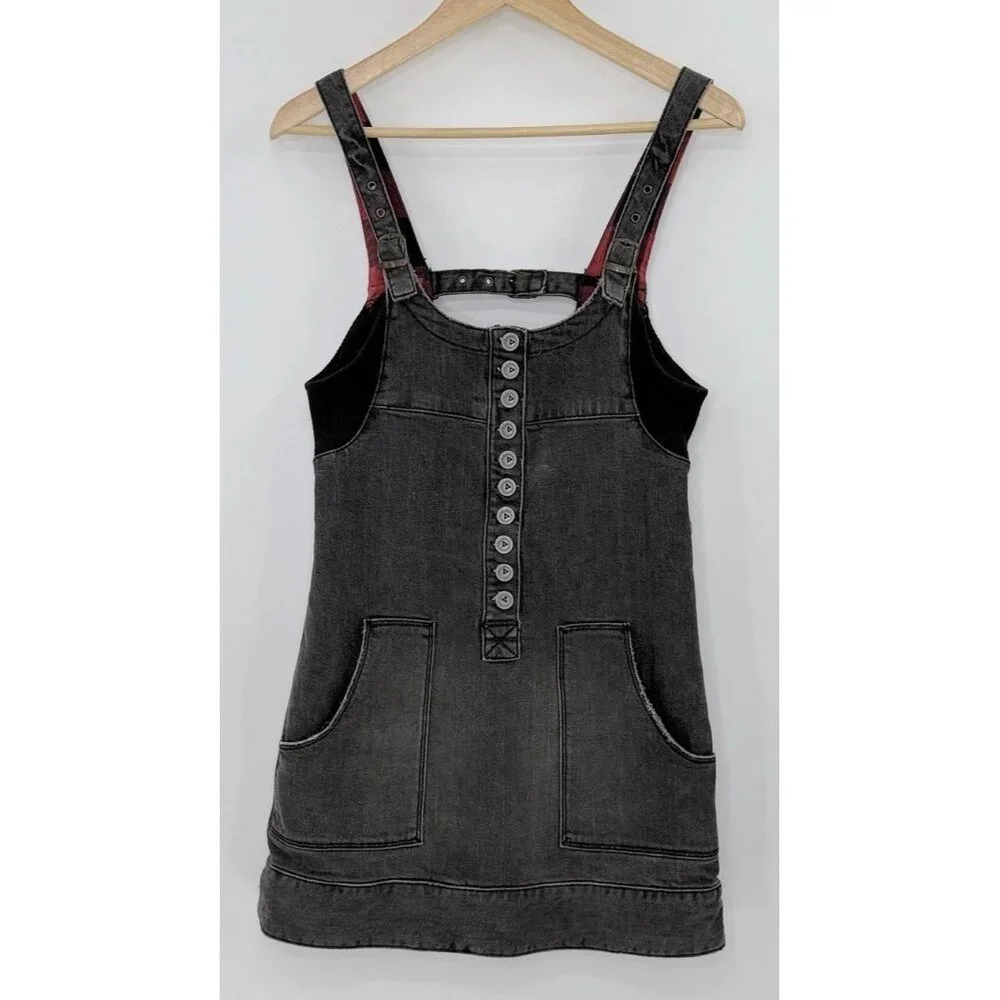 Free People Faded Black‎ Denim Distressed Mini Dress XS Grunge Goth Schoolgirl